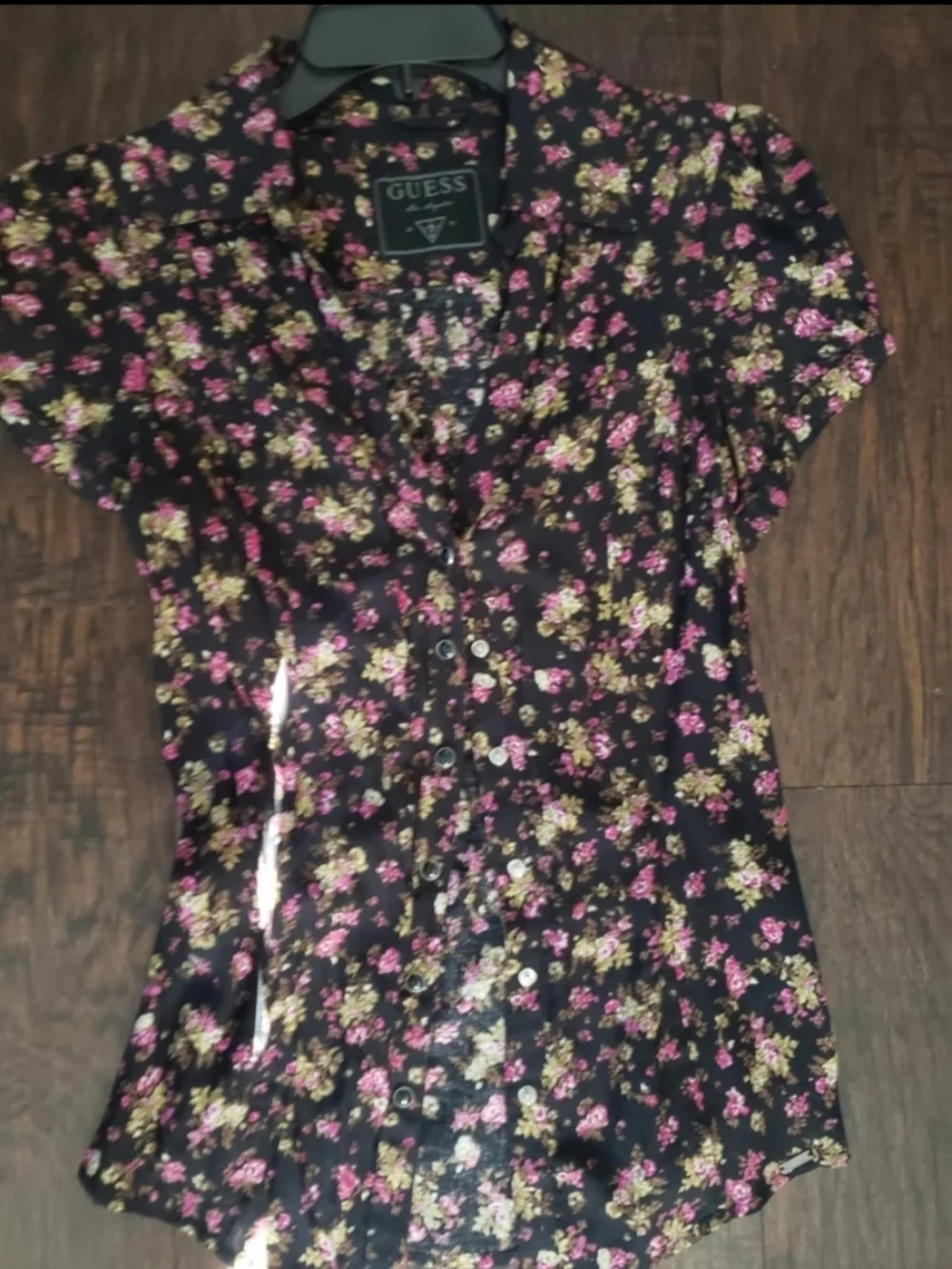 GUESS Black Floral Blouse with Black And  Pink Flowers - Picture 5 of 5